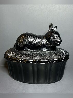 VTG 1970s Rare Guernsey #654 Glossy Black Glass Bunny Rabbit Trinket Garden Dish